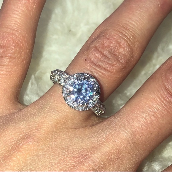 SILVER Tone Simulated Amethyst Halo Ring w Filigree Setting Sturdy Costume s7 - Picture 4 of 6